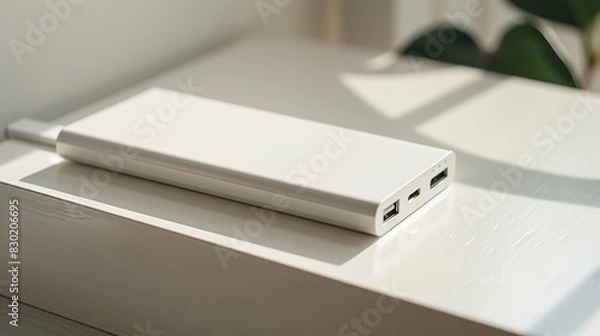 Fototapeta Power Bank: Positioned on a bright surface, a modern power bank is stylishly photographed. Its details and ports are visible, emphasizing both its design and ease of use 