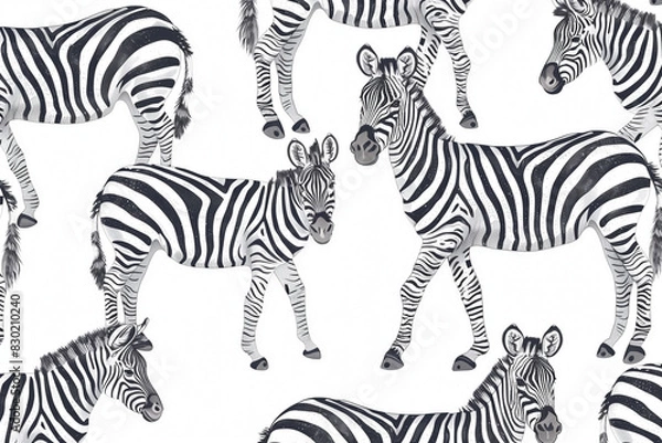 Fototapeta Seamless pattern with cute cartoon zebras on a white background