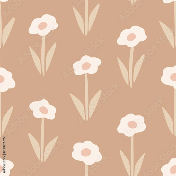 Fototapeta Seamless vector geometric pattern with simplified flowers in scandinavian style, textile, packaging