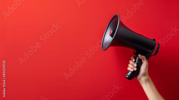 Fototapeta A woman's hand holds a black loudspeaker on a red background. announces a discount promotion. Concept of recruitment, advertising. Copy space