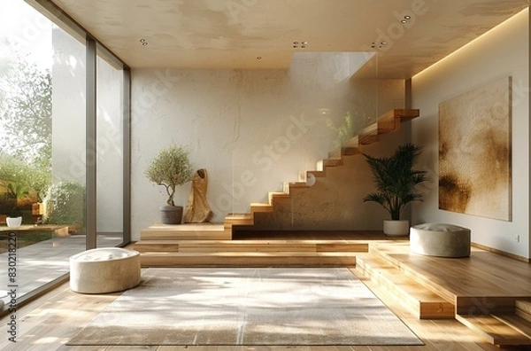 Fototapeta A staircase with a statue and a potted plant on the landing. The stairs are made of wood and the statue is of a man and a woman. The potted plant is located on the left side of the staircase.