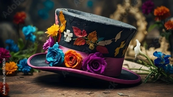 Fototapeta A close-up of a colorful, cracked old top hat surrounded by fanciful flowers. Background with a Mad Hatter mood