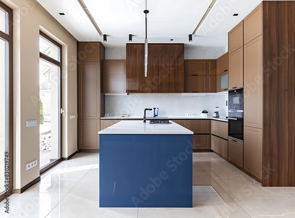 Fototapeta Modern kitchen interior with a blue island and brown cabinets, a window on the left side, beige walls with white tiles, in a minimalistic style