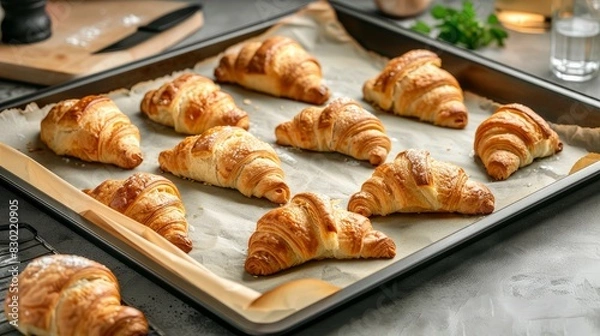 Fototapeta Oven-baked croissants on a baking sheet with parchment paper.

