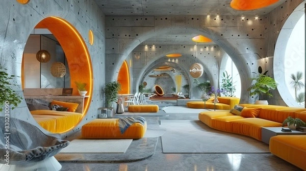 Fototapeta The image shows a modern office space with curved walls and orange accents