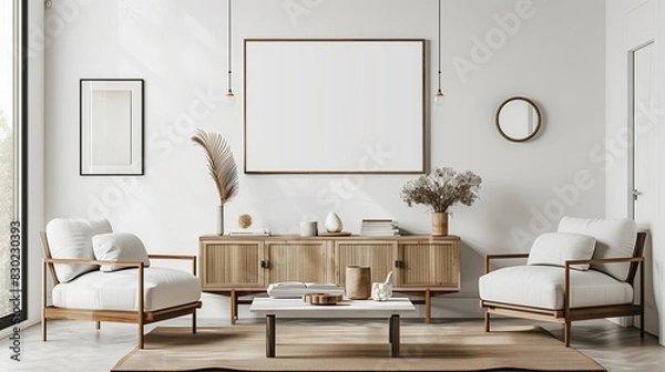 Obraz Modern interior design room with white wall, floor and home frame, style decorative poster, living area image, blank furniture background, mock-up chair and template,