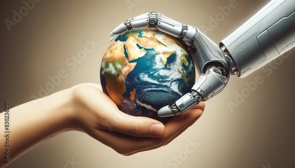 Fototapeta Close-Up of Human and Robot Hands Holding a Globe Together: Lifelike Skin Texture and Metallic Design