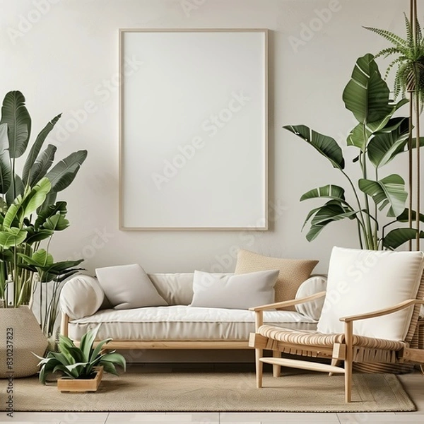 Fototapeta Art wall interior mockup in modern room, blank empty background with frame, picture artwork painting, floor home furniture, style template design, poster for sofa, decorative