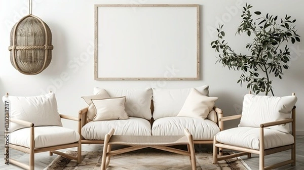 Fototapeta Modern art mockup room with blank walls, white floor, stylish sofa. Interior design with empty frames, posters, and decor. Light wooden furniture, Scandinavian style.