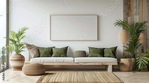Fototapeta Modern art mockup room with blank walls, white floor, stylish sofa. Living space with empty frames, posters, and decor. Contemporary apartment, Scandinavian style. Comfortable