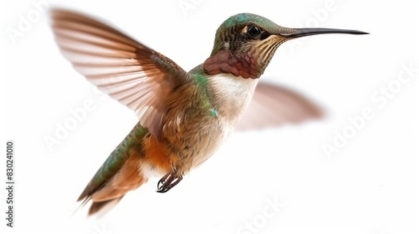Obraz A tiny hummingbird hovering with wings a blur and beak extended, its iridescent feathers catching the light, isolated on solid white background,