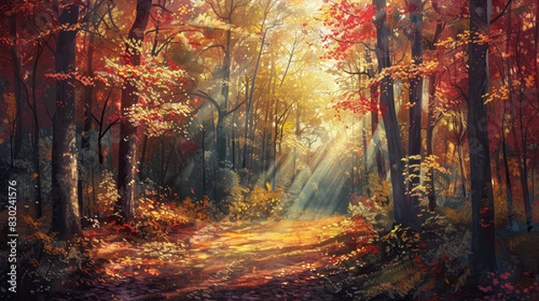 Fototapeta A painting of a forest with a path through it