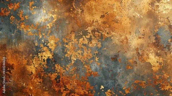 Fototapeta The image is an abstract painting with a rusty metal texture. The colors are orange, brown, yellow, and blue. The painting has a rough and grungy texture.