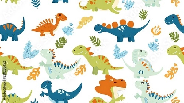 Fototapeta A playful and colorful dinosaur pattern suitable for children's fabric or wallpaper designs.
