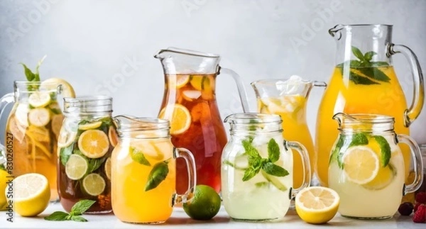 Fototapeta Various of cold beverages in pitcher. Refreshing drink, lemonade jar.