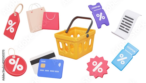 Obraz 3D icon set shopping baskets, shop online concept. credit card, ticket, receipt, discount, promotion, price tag, on isolated object transparent png background. cartoon style. 3d render illustration