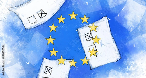 Obraz Głosowanie do europarlamentu. Karty do głosowania i flaga Unii Europejskiej 