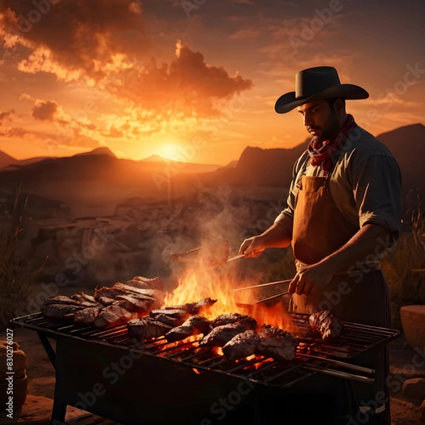 Fototapeta Churrasco Gaucho grilling meats on an open flame.