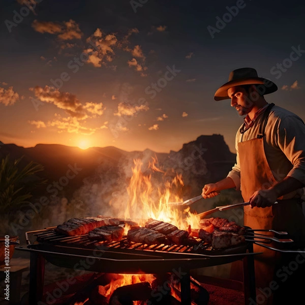 Fototapeta Churrasco Gaucho grilling meats on an open flame.