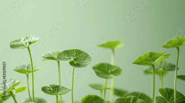 Obraz Centella asiatica leaves on a green plain background, banner for Korean cosmetics components