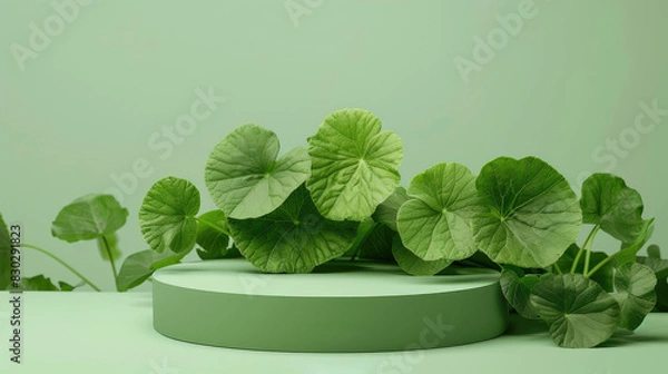 Obraz Centella asiatica leaves on a green plain background, banner for Korean cosmetics components
