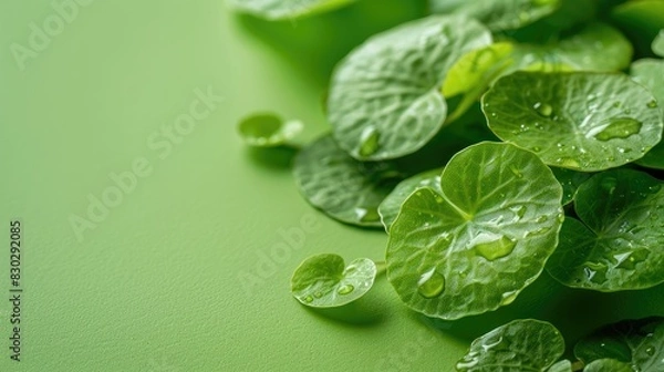 Obraz Centella asiatica leaves on a green plain background, banner for Korean cosmetics components