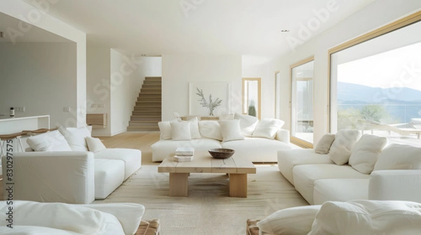 Obraz A large white living room with a white couch and a white coffee table