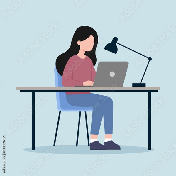 Fototapeta Girl working in an office and typing on a computer, Vector Illustration