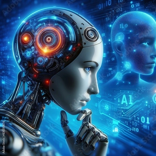 Fototapeta AI robot thinking on a futuristic background.