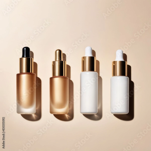 Fototapeta Set of skin care serum in dropper bottles in beige and white colors on beige background. Blank mockup, cosmetics presentation. Sun care products. AI Generative