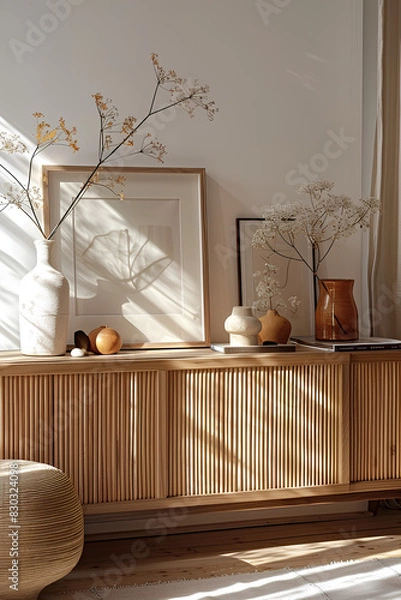 Fototapeta Contemporary modern home space, clean minimalist interior, frame mockup, 3d rendering
