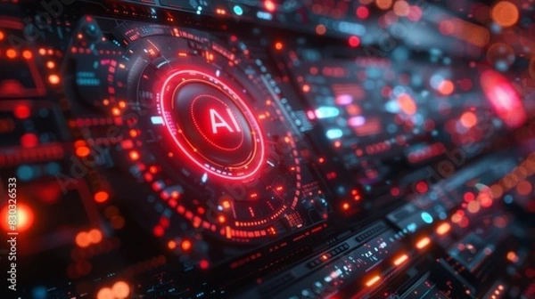 Obraz Futuristic artificial intelligence technology interface with glowing red AI symbol