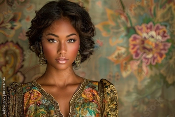 Fototapeta Elegantly Posed: Graceful Woman in Flattering Attire beneath Soft Light