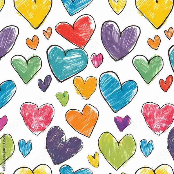 Fototapeta Playful Pattern with Colorful Hand-Drawn Hearts - Vibrant and Whimsical Design for Creative Projects