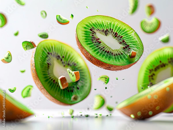 Obraz photography of KIWI falling from the sky, hyperpop colour scheme. glossy, white background Kiwi fruit levitating on a white background
