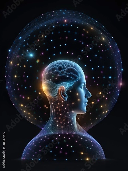 Fototapeta Neural network, cyber robot head, 3d render illustration.