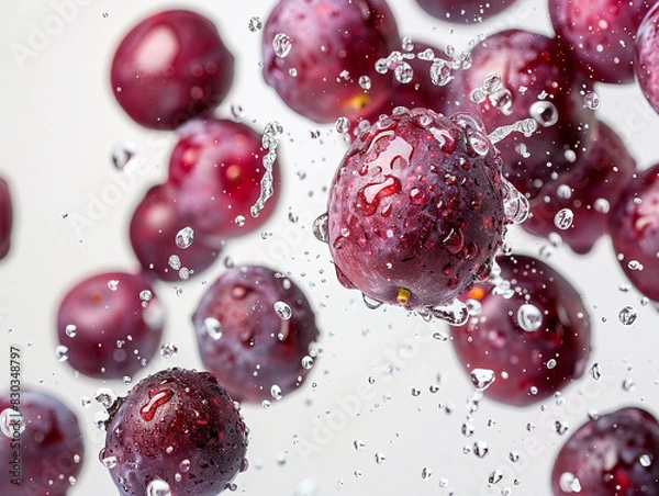 Fototapeta photography of PRUNES falling from the sky, hyperpop colour scheme. glossy, white background Dry fruit prune closeup. Fruit of dried prune