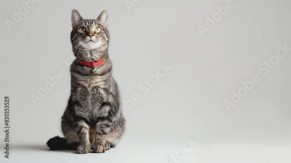 Fototapeta Cute cat wearing a bell collar, sitting alertly with a playful expression, showcasing stylish pet accessories