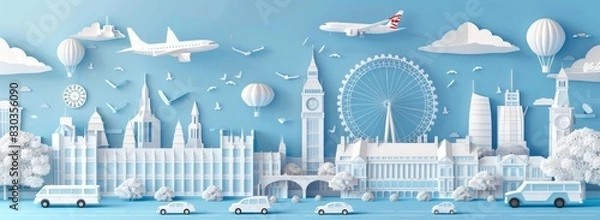Fototapeta Paper art style depicting a cityscape with famous landmarks such as Big Ben, the London Eye and white transparent glass buildings in a blue background