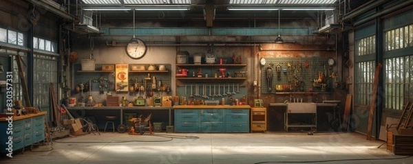 Obraz Spacious vintage workshop with tools on wall