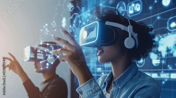 Fototapeta People using AR glasses seamlessly interact with virtual elements overlaid on their real-world environment, enhancing their everyday experiences.