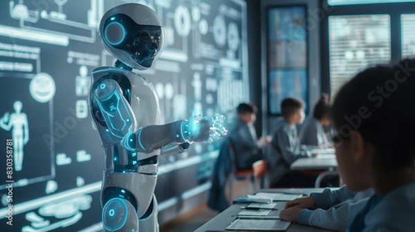 Fototapeta In this futuristic classroom scenario, the robot seamlessly assumes the role traditionally held by the teacher, delivering lessons with precision and efficiency.