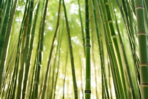 Fototapeta Bamboo forest, sunlight, zen atmosphere, minimalistic design, space for text, Japanese style, nature background, serene vibes, tranquil scene, peace