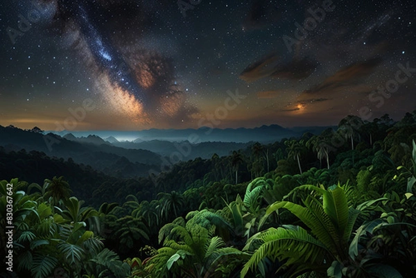 Fototapeta Panoramic view of lush rainforest or starry night sky. 