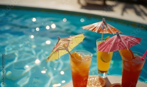 Fototapeta Tropical Drinks Umbrellas Poolside Summer Refreshing with Orange Slices