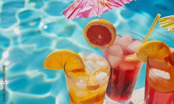 Fototapeta Tropical Drinks Umbrellas Poolside Summer Refreshing with Orange Slices