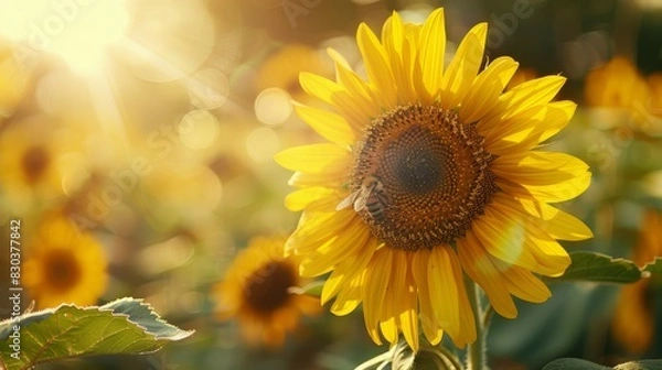 Obraz A yellow sunflower with a bee on it
