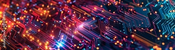Fototapeta A colorful image of a circuit board with many small lights. Concept of technology and innovation, as well as a feeling of excitement