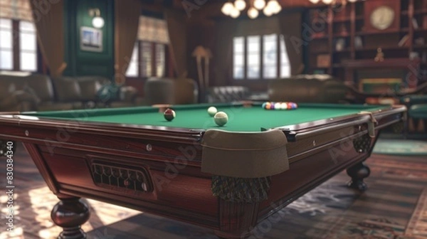 Fototapeta A pool table with balls in a cozy living room, perfect for recreational activities