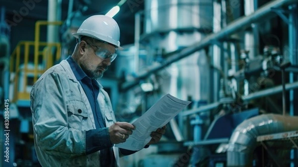 Fototapeta A man in a hard hat reading a piece of paper. Suitable for construction or business concepts